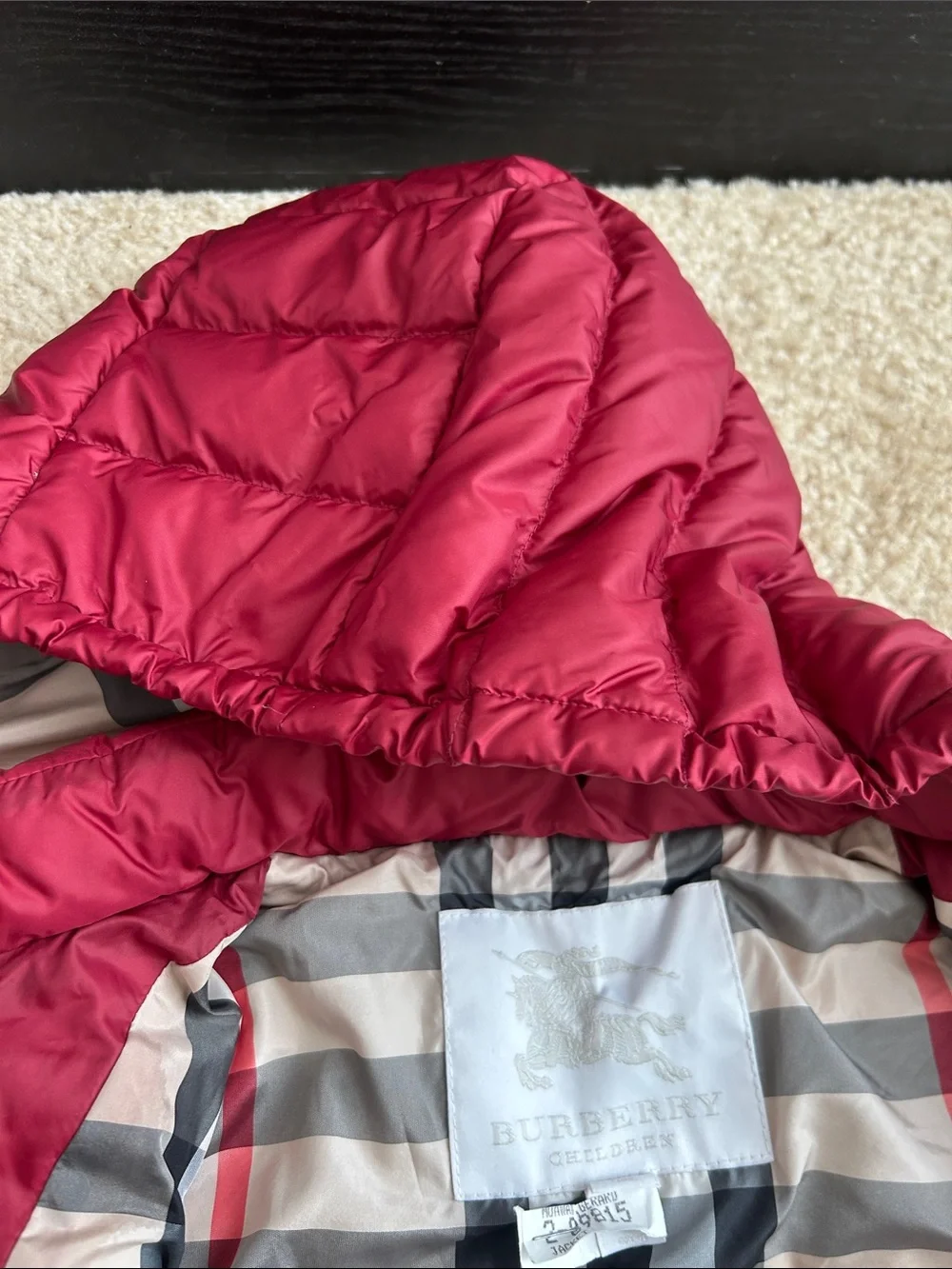 Burberry Kids Maroon Hooded Puffer Coat with Signature Check Lining
